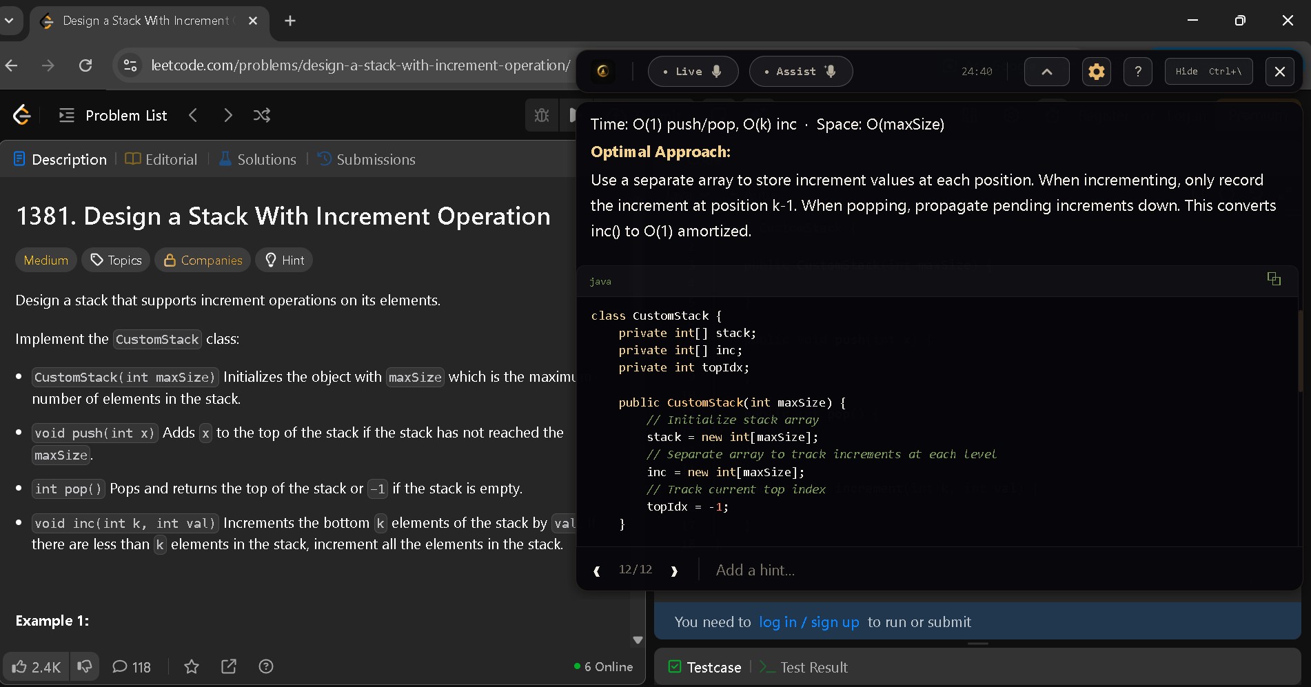 The Codegnito overlay shown above a coding problem — only the user sees it; it does not appear in the interviewer's screen-share.