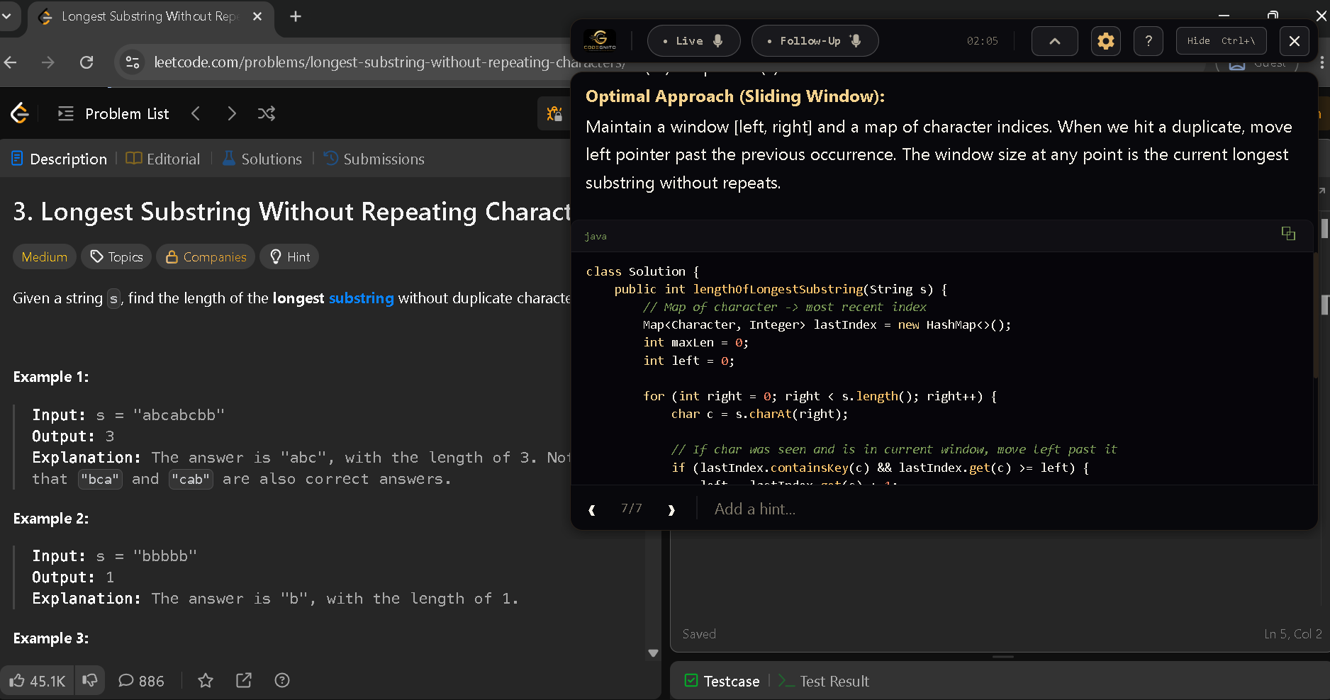 The Codegnito overlay shown above a coding problem — only the user sees it; it does not appear in the interviewer's screen-share.